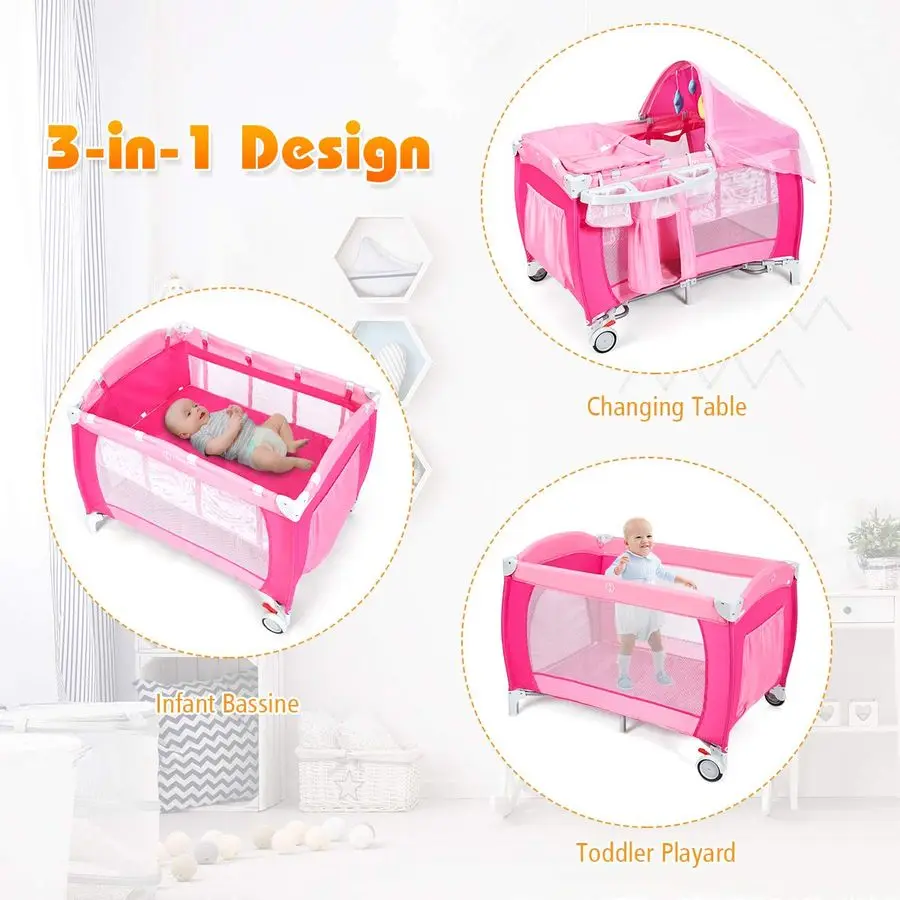 حزمة 4 في 1 باللون الوردي والتشغيل مع السرير، لعبة أطفال محمولة مع مظلة قابلة للتعديل، مدخل بسحاب جانبي، صندوق تشغيل الموسيقى، عجلات B