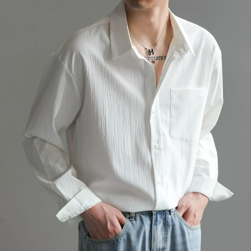 Korean Men Trend Loose Long Sleeve Shirts Spring Autumn Solid Lapel Loose Button Pockets Fashion Casual Ventilate Thin Tops 2024