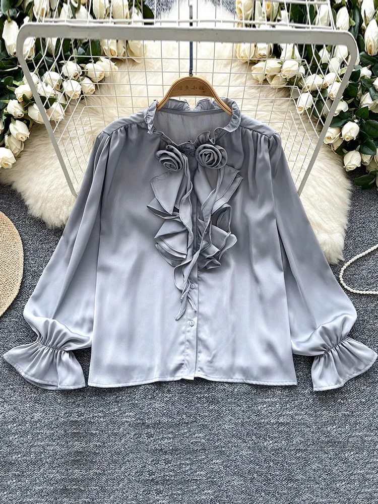 

Stand Collar Lotus Leaf Sleeve Blouse for Women's Spring Autumn New Style Loose Long Sleeved Office Lady Style Shirt Top C45