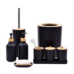 Bathroom Accessories Set 9 Piece Soap Lotion Dispenser Toothbrush Holder Soap Toilet Brush Trash Can Bathroom Essential Room Set
