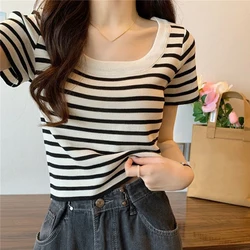 Women Summer Contrast Color Striped O-neck T-shirt Casual Basic Short Sleeved Thin Top Versatile Cotton Loose Rib Pullovers Tees