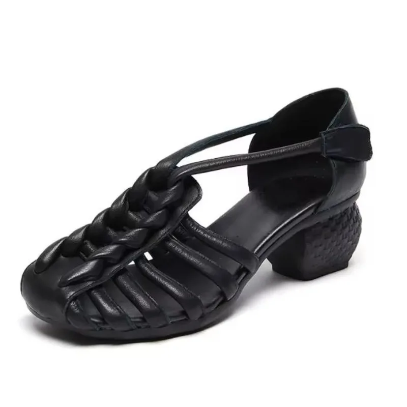 

2026 Women Thick Heel Sandals Summer Handmade Weave Shoes Genuine Cow Leather Hook And Loop Casual Roman Sandals Ladies