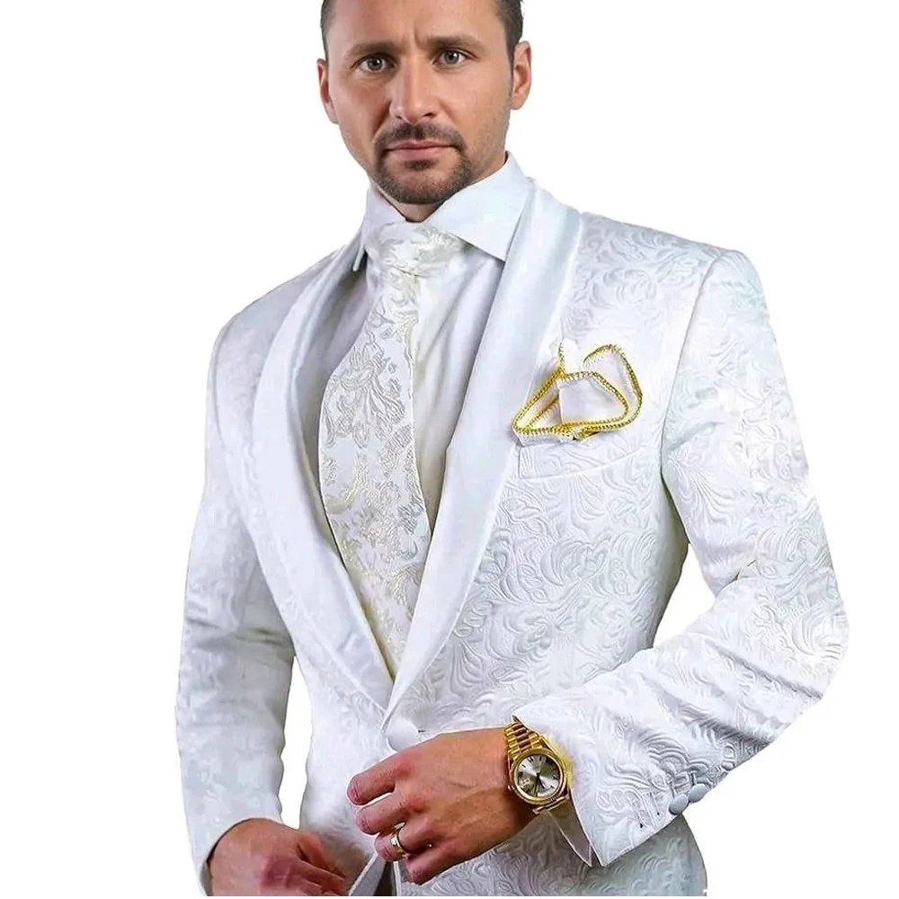 

Fashion Jacquard Fabric Suits for Men Shawl Lapel Single Breasted 2 Piece (Blazer+Pants) Male Clothing Wedding Groom's Set