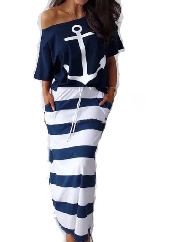 

Summer New Women's Casual Anchor Print Short Sleeve T-Shirt Skirt Set Loose Slimming Effect Navy Style Half-length Skirt