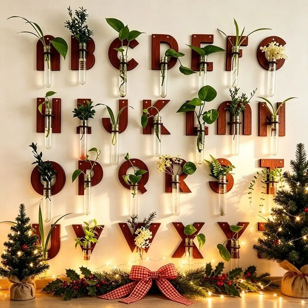 Wooden Hydroponic Planter Shelf A-Z Alphabet Home Ornaments Wall Decoration Retro Vase Flower Pot
