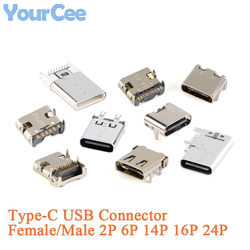 20pcs/5pcs Type-C Female/Male Connector SMD 2/14/16P/6P/24P High Definition Transmission Interface 4 Fixed Pin Sink