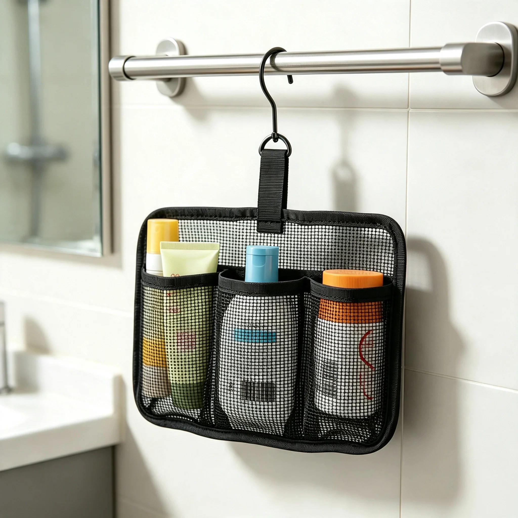 Portable Hanging Shower Caddy Rotatable Hooks Lightweight Mesh 3‑Compartment Toiletry Bag Open Top Travel Gym Camping Storage
