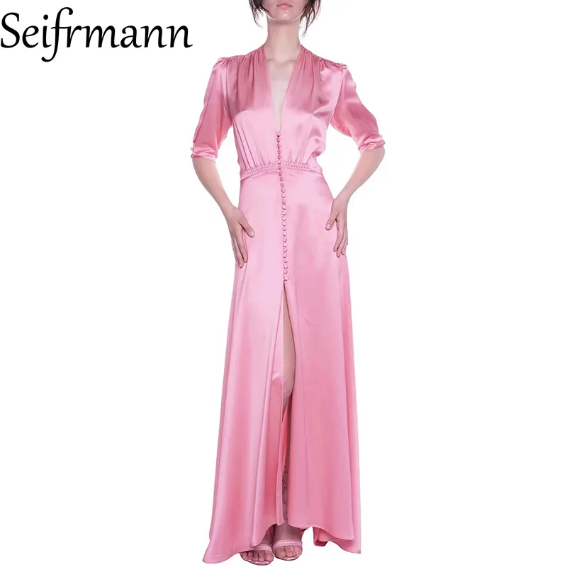 

Seifrmann Solid Half Sleeve Slim Maxi Dress For Women V-Neck Elegant Long Dress Club Party Clothes Spring Summer 2025 New