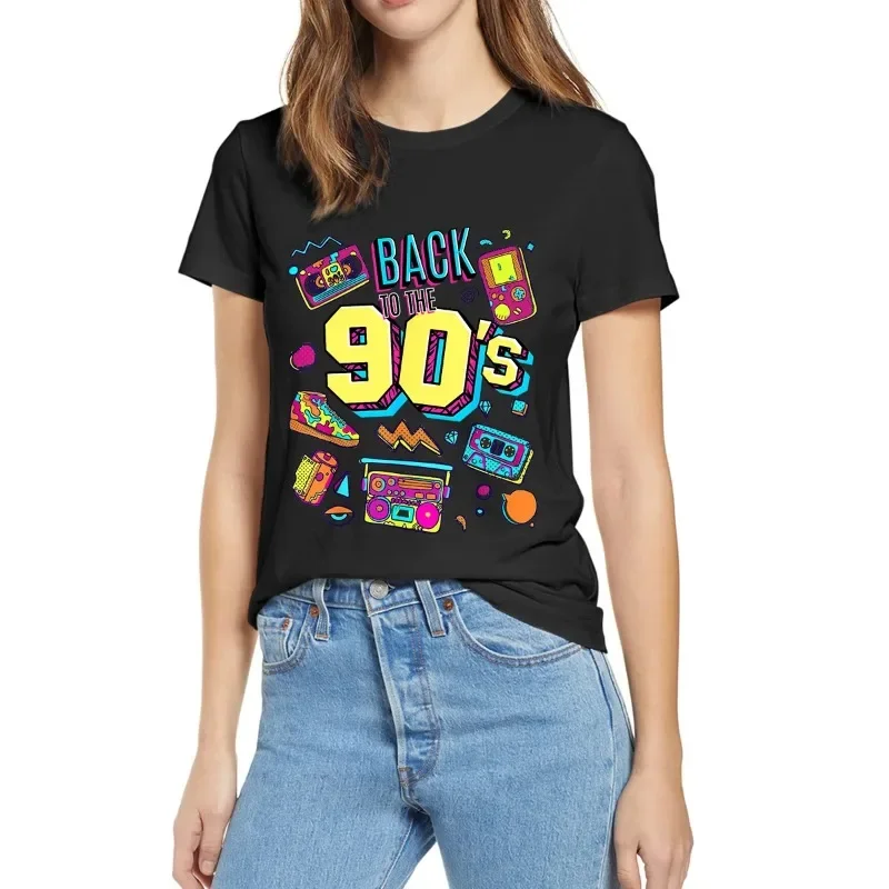 Retro 90s Graphic Print Crew Neck T-Shirt, Comfortable and Casual Summer Top for Women