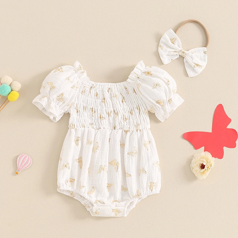 

Tregren 0-18M Newborn Baby Girls Rompers Butterfly Pattern Short Sleeve Infant Bodysuits Summer Jumpsuit Clothes with Headband