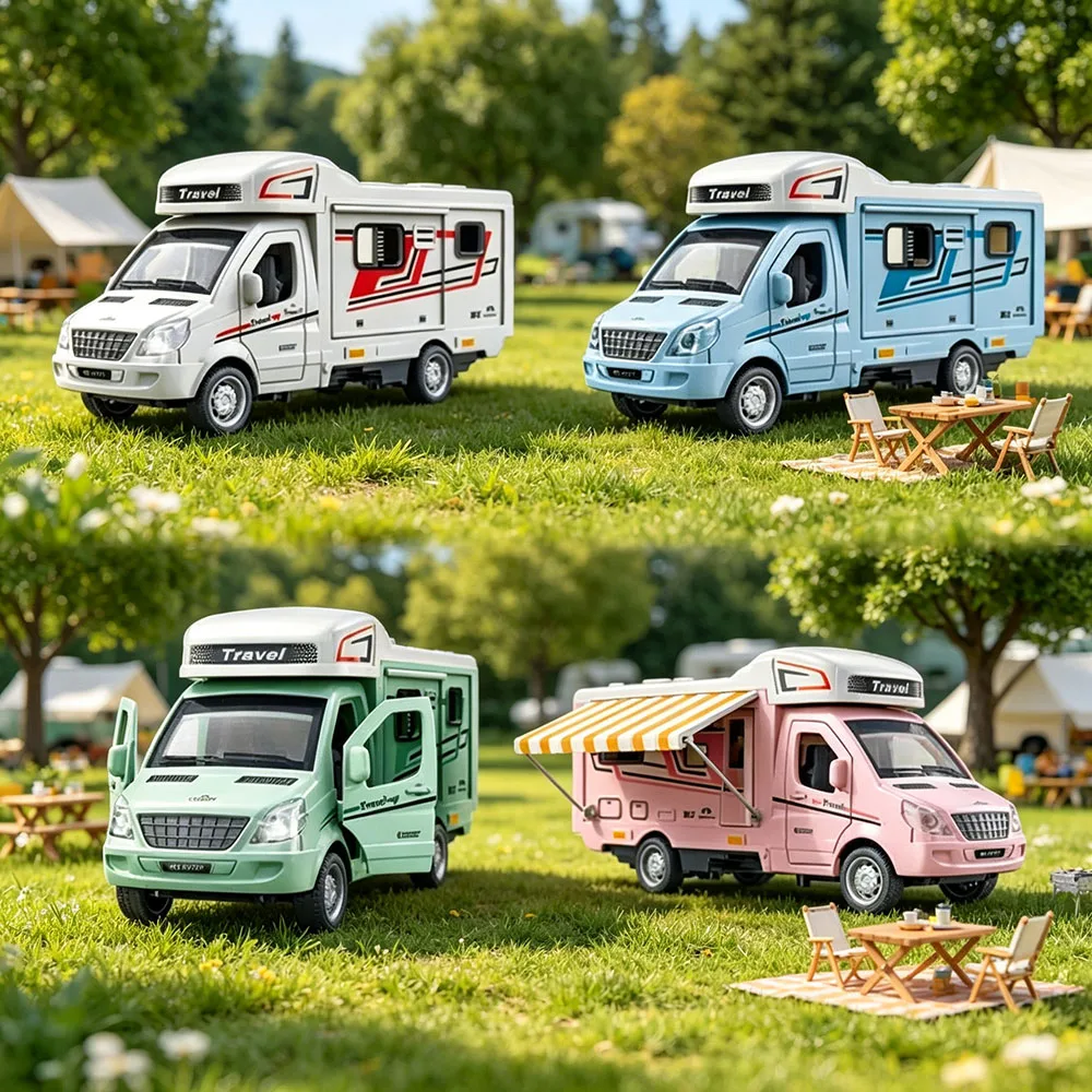 Cross-border 1:32 scale alloy travel trailer with sound and light effects, opening doors, boys' toy car model van