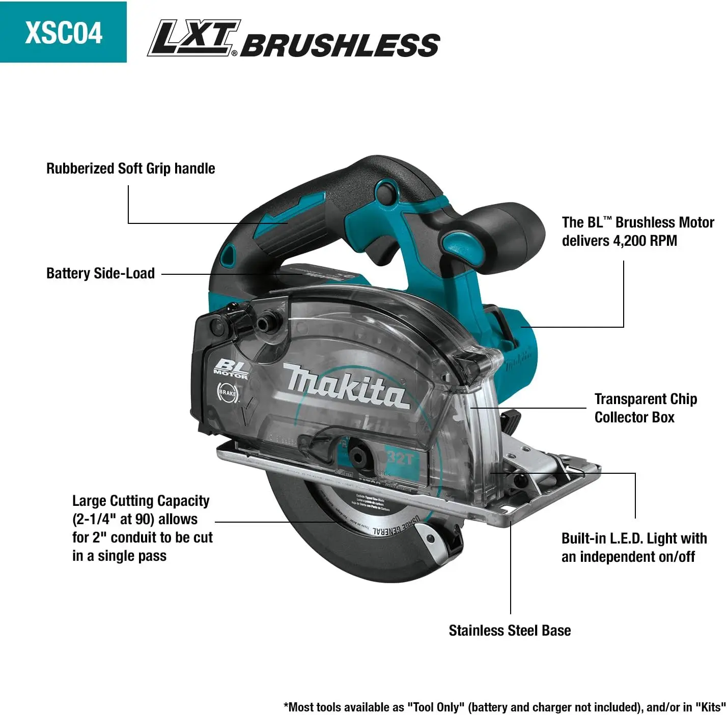 Makita-Scie à métaux sans fil XSC04Z, outil nu, sans batterie, sans balais, lithium-ion, 18V, LXT, 5-7/8"