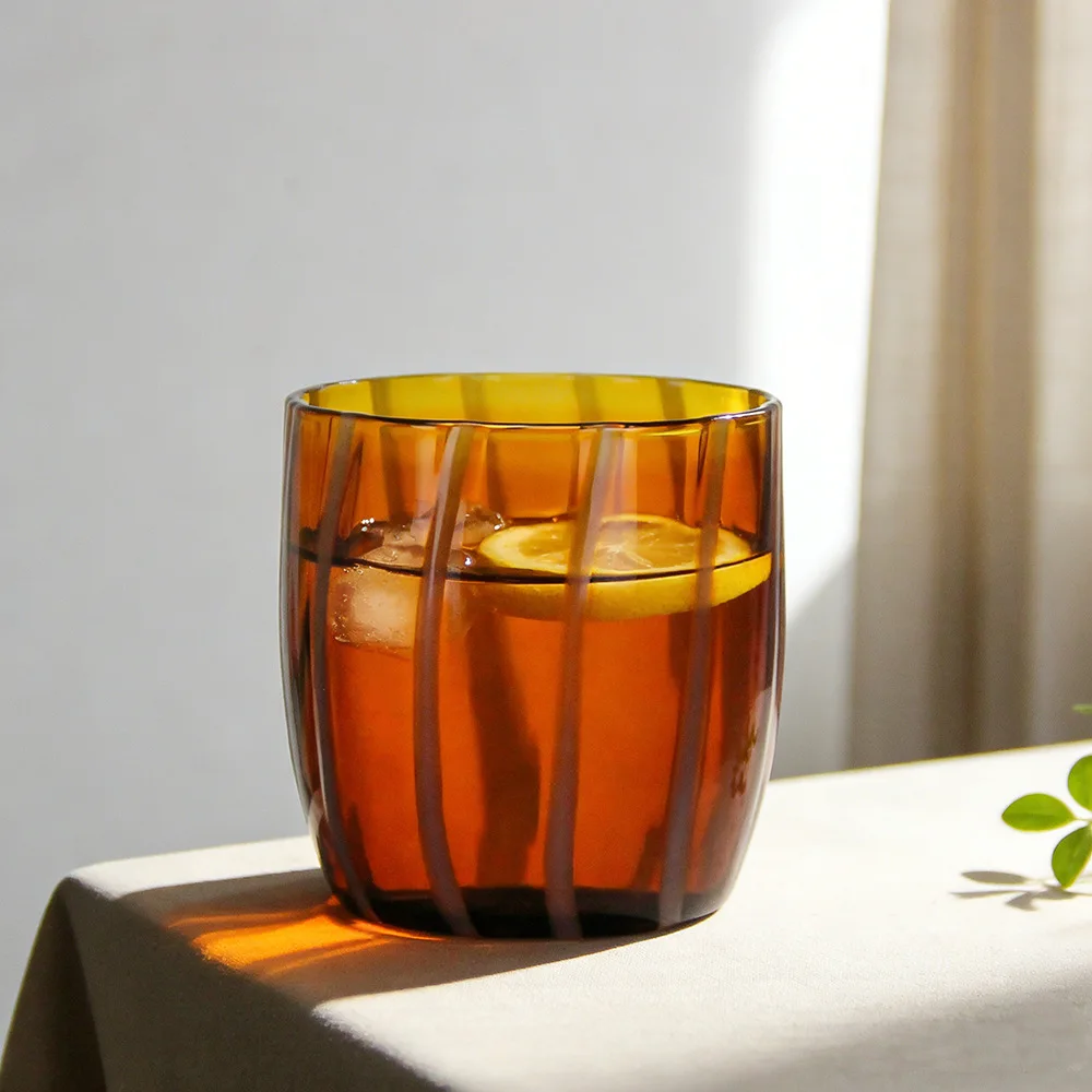 Minimalist Clear Glass Cup, Hand‑Drawn Color Vertical Stripes, Smooth Round Rim, Niche Aesthetic Coffee, Water & Wine Mug for Ho
