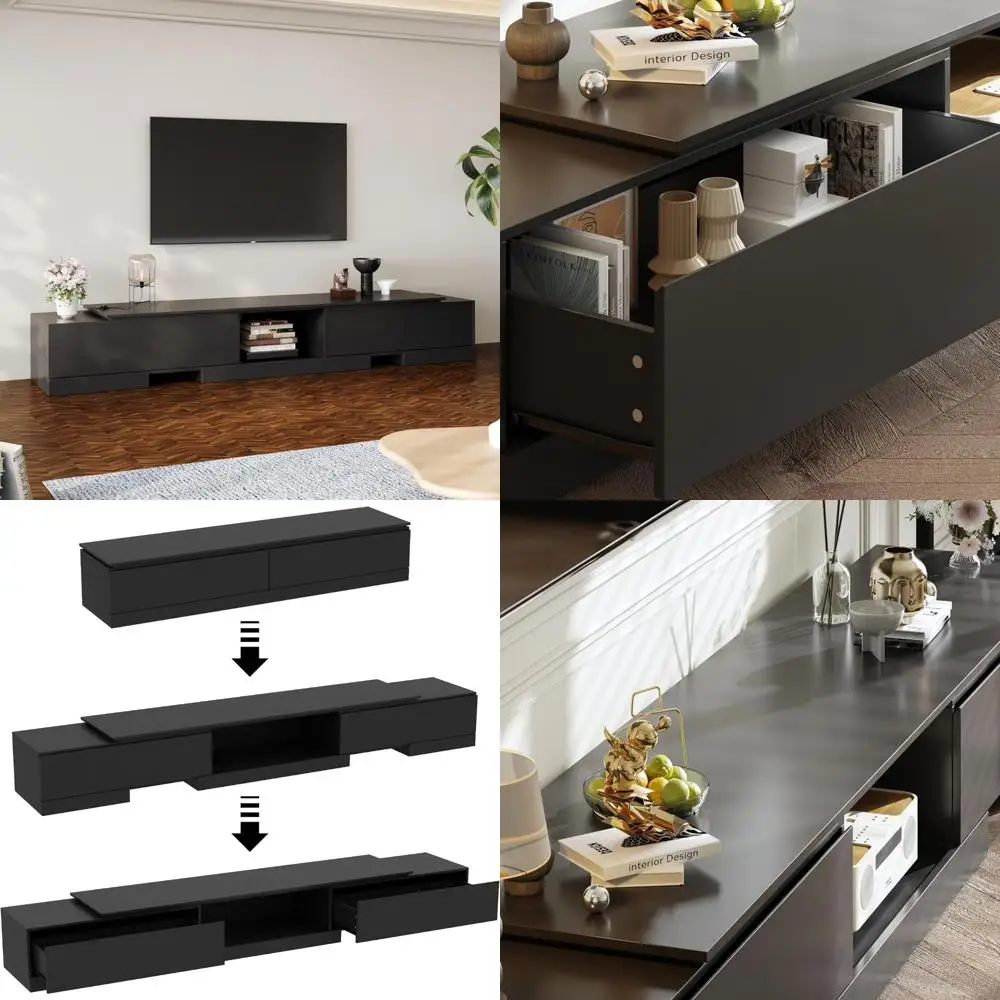 Modern Extendable TV Stand, Deformable Console with 2 Drawers, 63-93.7 Wide, Wood Media Gaming Entertainment Center