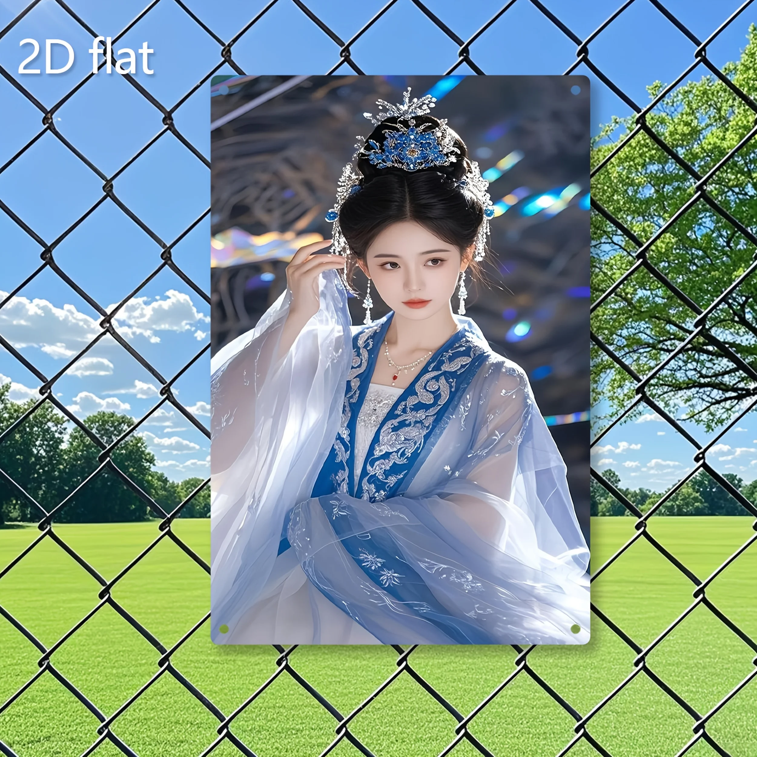 Elegant Hanfu Beauty Metal Wall Art -  Iron Sign with Pre-Drilled Holes, Weather-Resistant Iron Craft, Intricate Blue & White