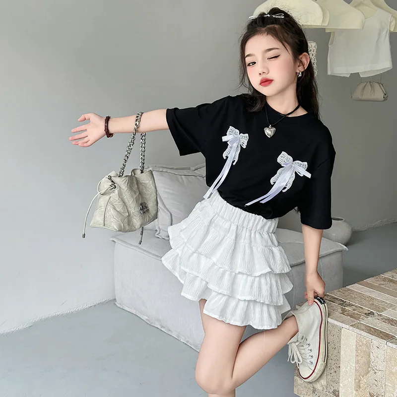 T-shirt or shorts pleated skirt layered 4 8 10 11 12 years 2026 SUMMER children set Girls Clothes fashion teenager bow butterfly