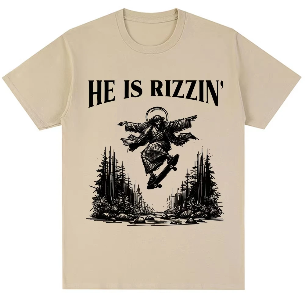 Vintage Funny He Is Rizzin Meme T Shirt Jesus Skateboarding T Shirts Men Women Christian Religious Loose Cotton Tee Shirts Gifts