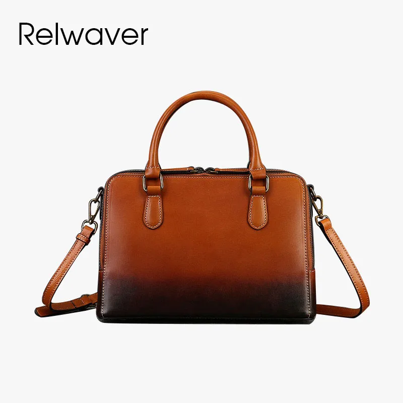 Relwaver gradual color natural cow leather women handbags double layer commuting lady handbag 2024 spring big shoulder crossbody