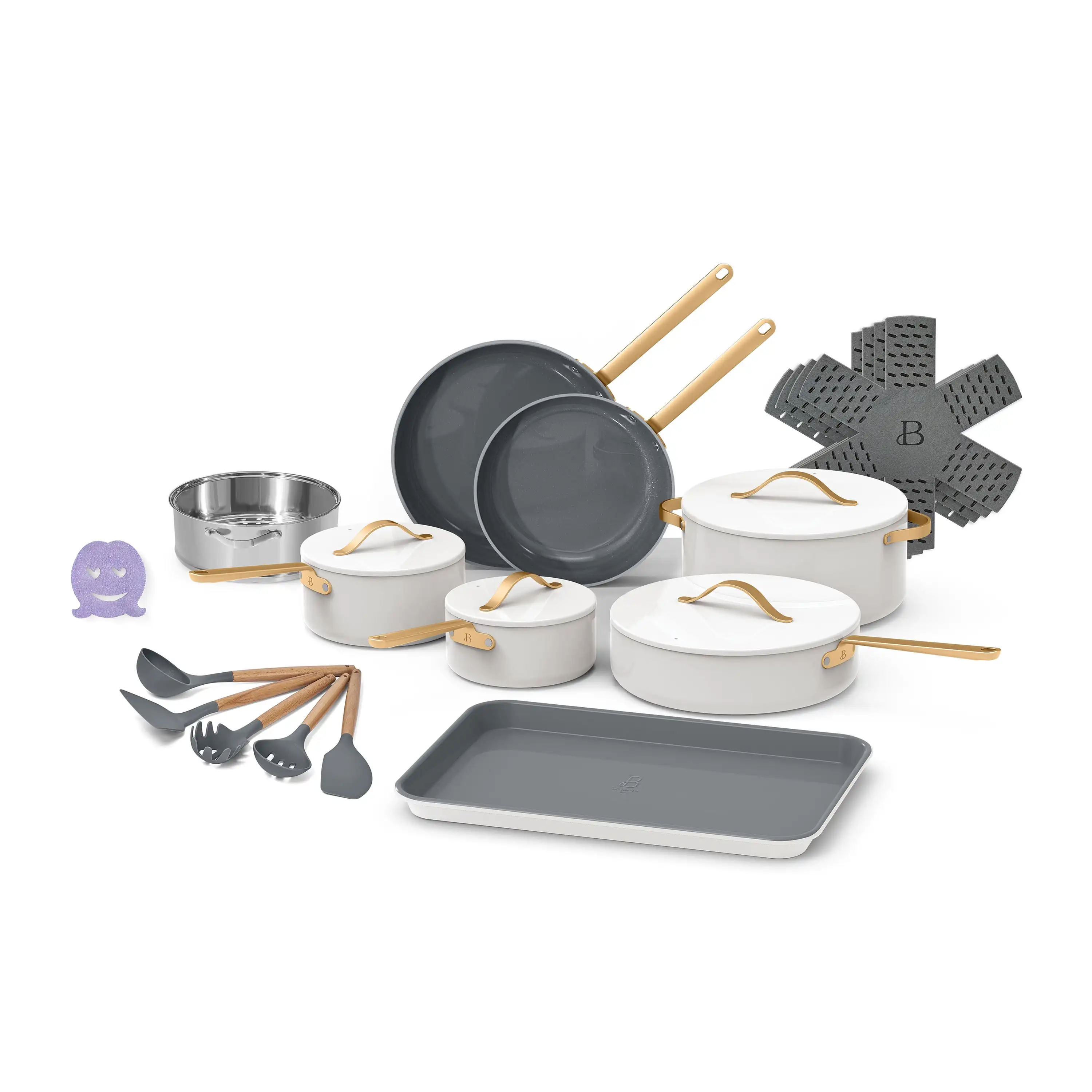 

22pc Cookware Set White Icing Durable Construction for Fast and Even Heating Sleek Design with Gold Pressed