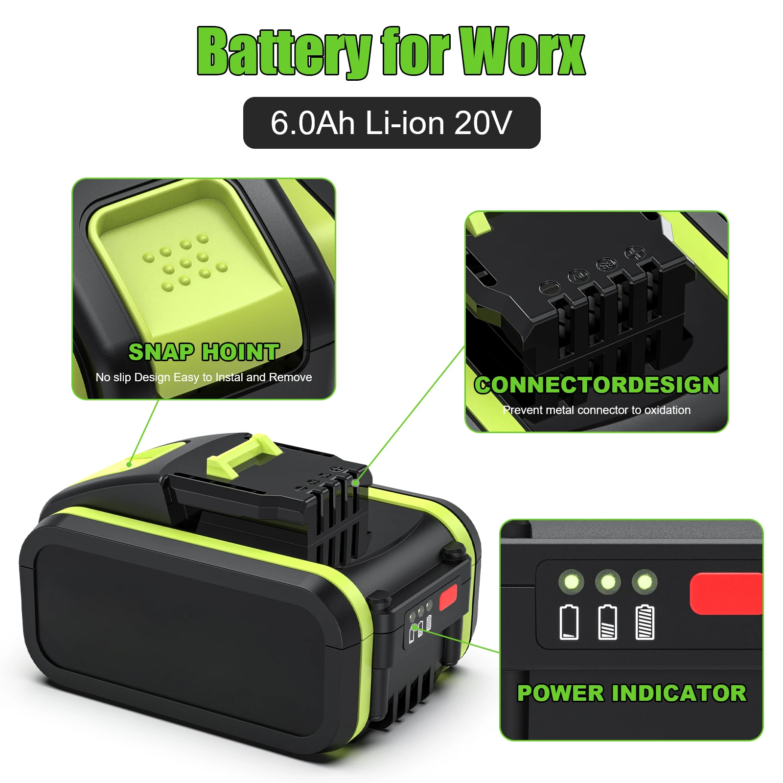 For Worx WA3553 20V Cordless Power Tool Battery WA3572 WA3553 WX390 WA3551 WX176 WX178 Spare Batteriies 6000mAh Battery