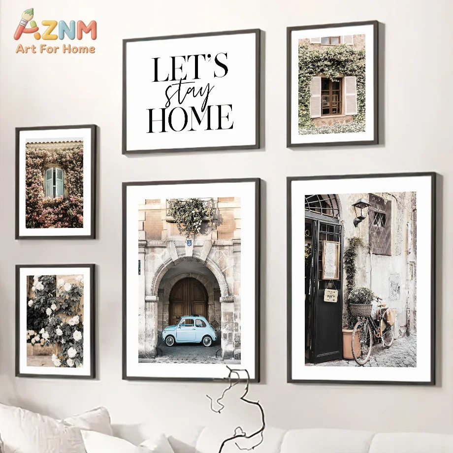 AZNM Unframed Canvas Print European Street View Wall Art Vintage Car Scooter Floral Quote Home Decor Poster