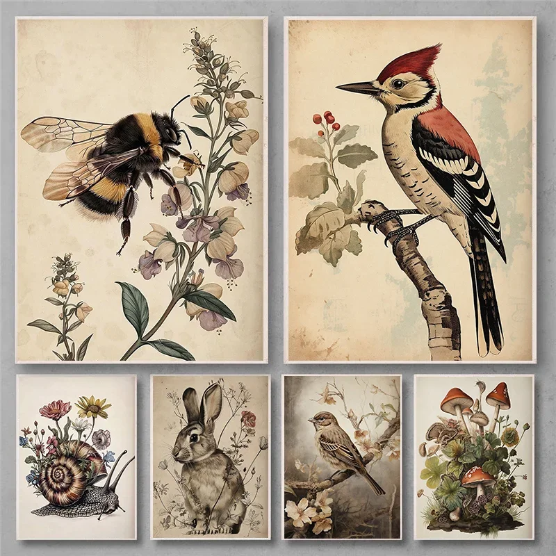 

Винтажный постер: Бохо-стиль с пчелами в синих цветах, декор с лупинами и пчелами-пчеликами, ботанический принт, темная академия, коттеджкор, настенное искусство