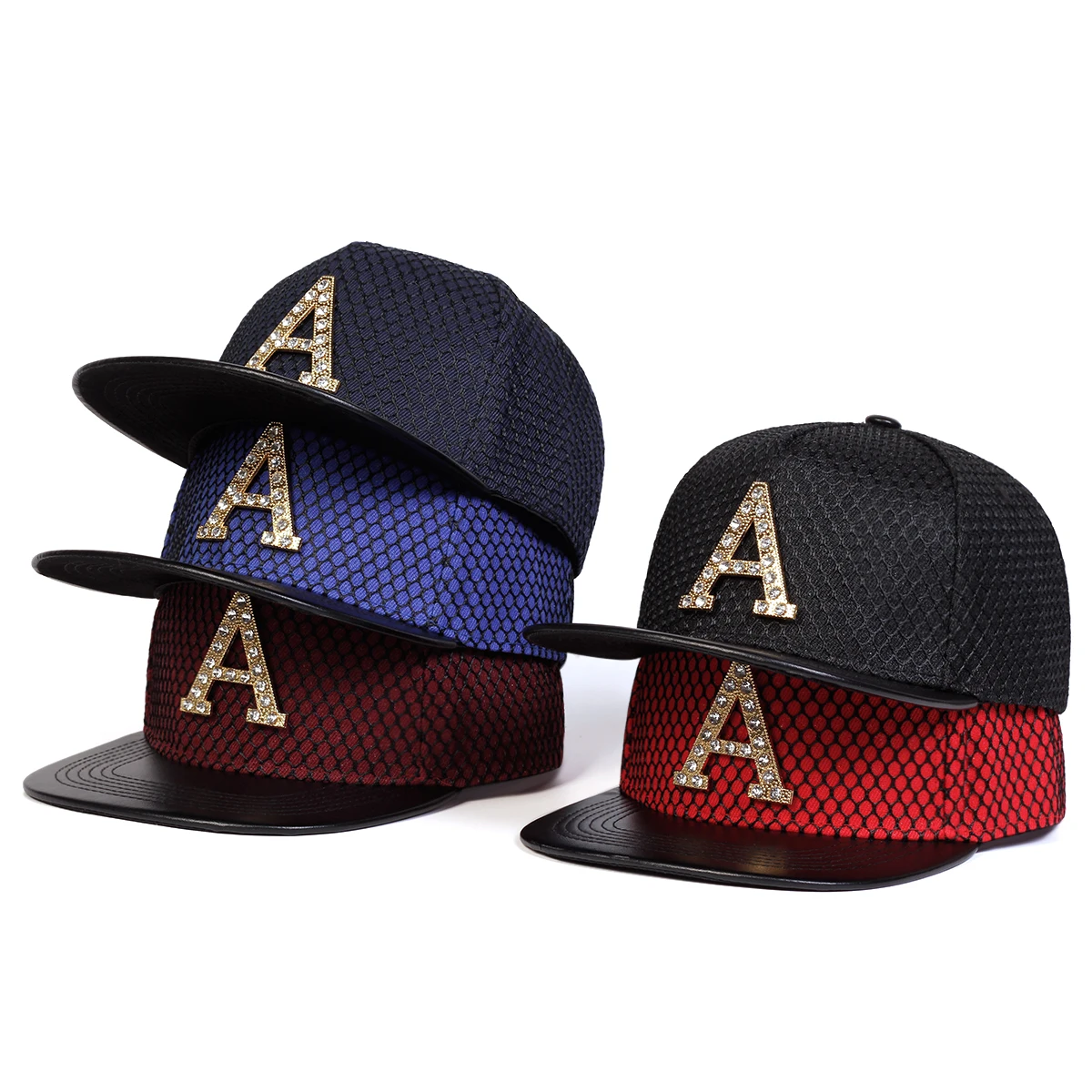 Unisex Metal Strip Drill A Letter Label Mesh Hip Hop Hat Outdoor Adjustable Casual Baseball Caps Sunscreen Hat