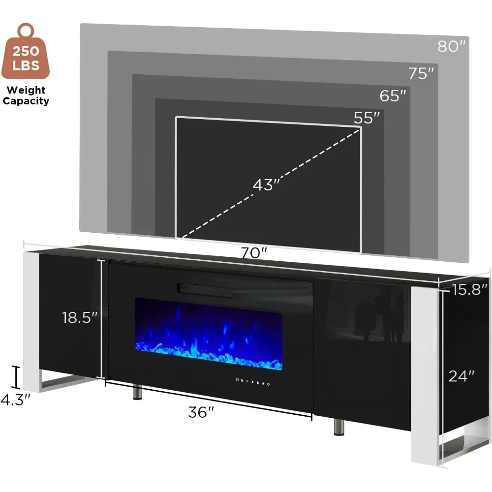 Fireplace TV Stand, Modern High Gloss Entertainment Center LED Lights, U Shaped Legs TV Console Cabinet with Fireplace, TV Stand