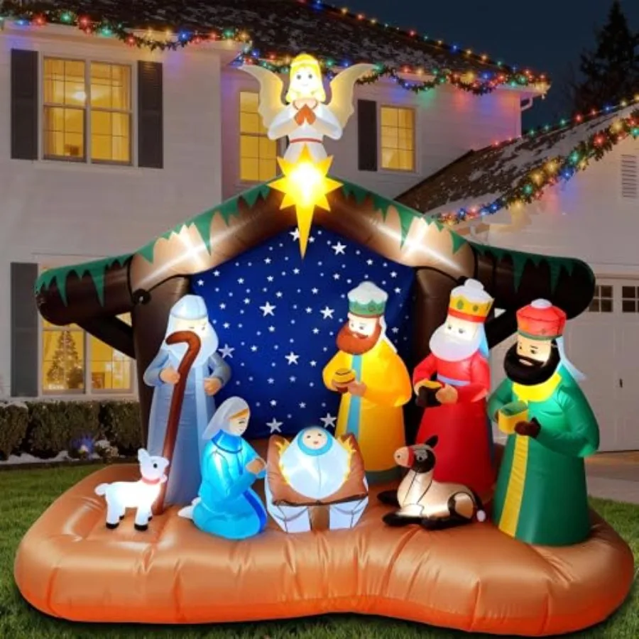 

Outdoor nativity scene inflatable decoration, PVC material, white and beige, 8FT tall with built-in white LED lights and waterp