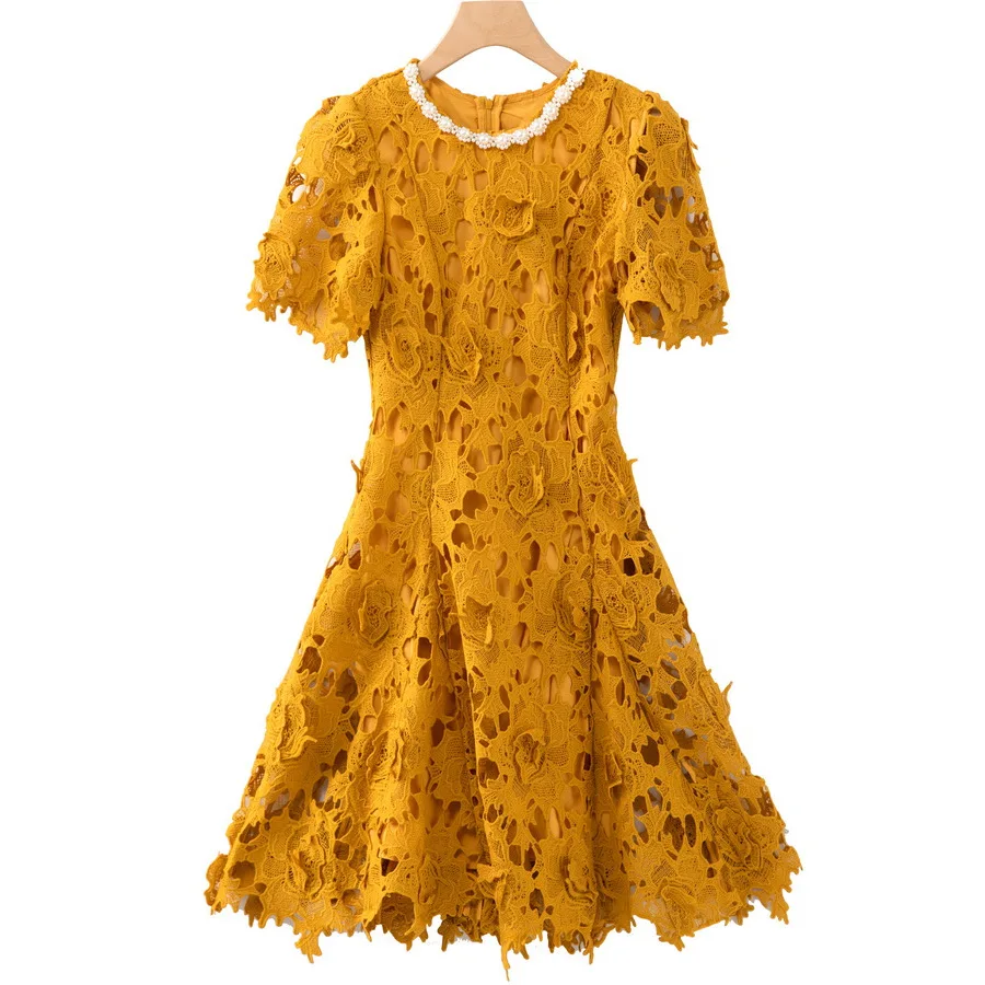 

European and American Women's Clothing 2025 Summer new style Short-sleeved beaded round collar Hollowed-out dress XXL