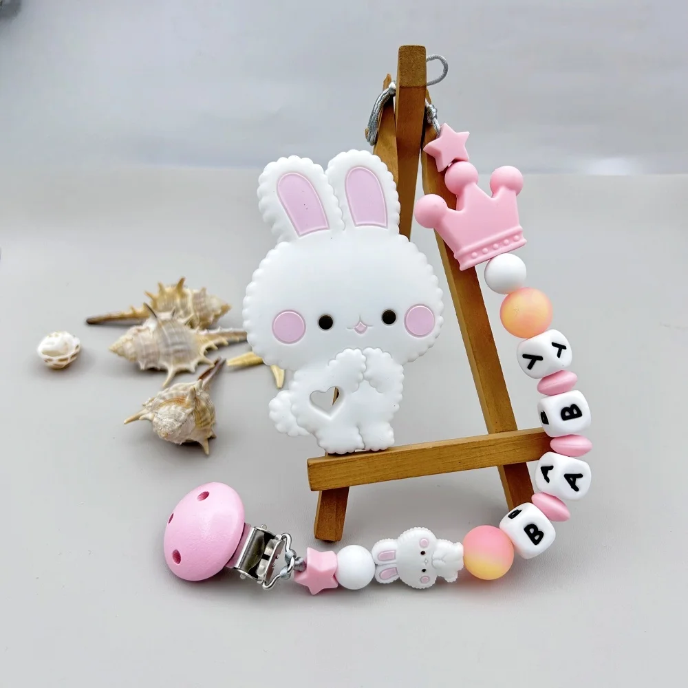 

Personalized English Russian Letters Name Noctilucen Bead Baby Rabbit Silicone Pendant Pacifier Clips Chains Holder Teether Baby