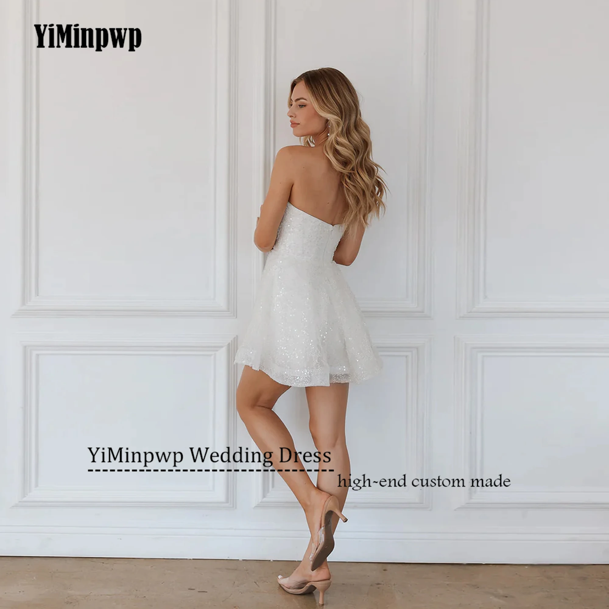 Pailletten Trouwjurk Sweetheart Mini Bruid Partij Jassen A-lijn Mouwloos Boven de knie Korte Luxe vestido de noiva Aangepast