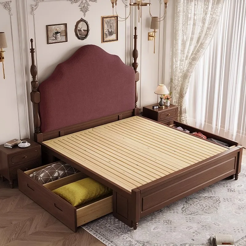French retro soft bag bed high back bed American old Paris 1.5 meters double solid wood simple Roman column red bed