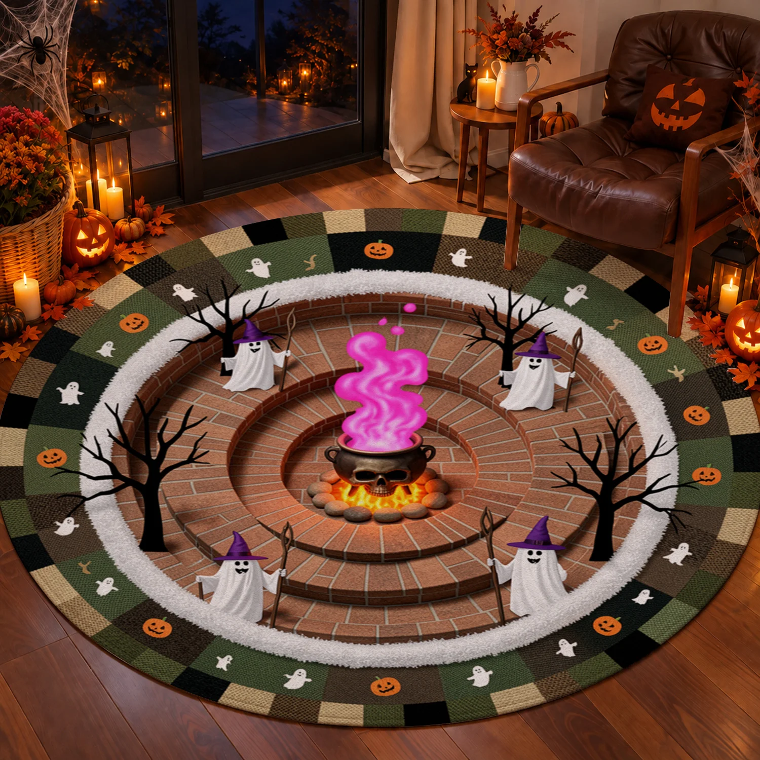 Halloween Ghost Pumpkin Pattern Round Velvet Rug, Machine Washable, Stays In Place, Ideal for Living Room, Bedroom, Entryway, Dining Area, Perfect for Halloween, Thanksgiving, Christmas, Black Friday, Cyber Monday, New Year Home Decor