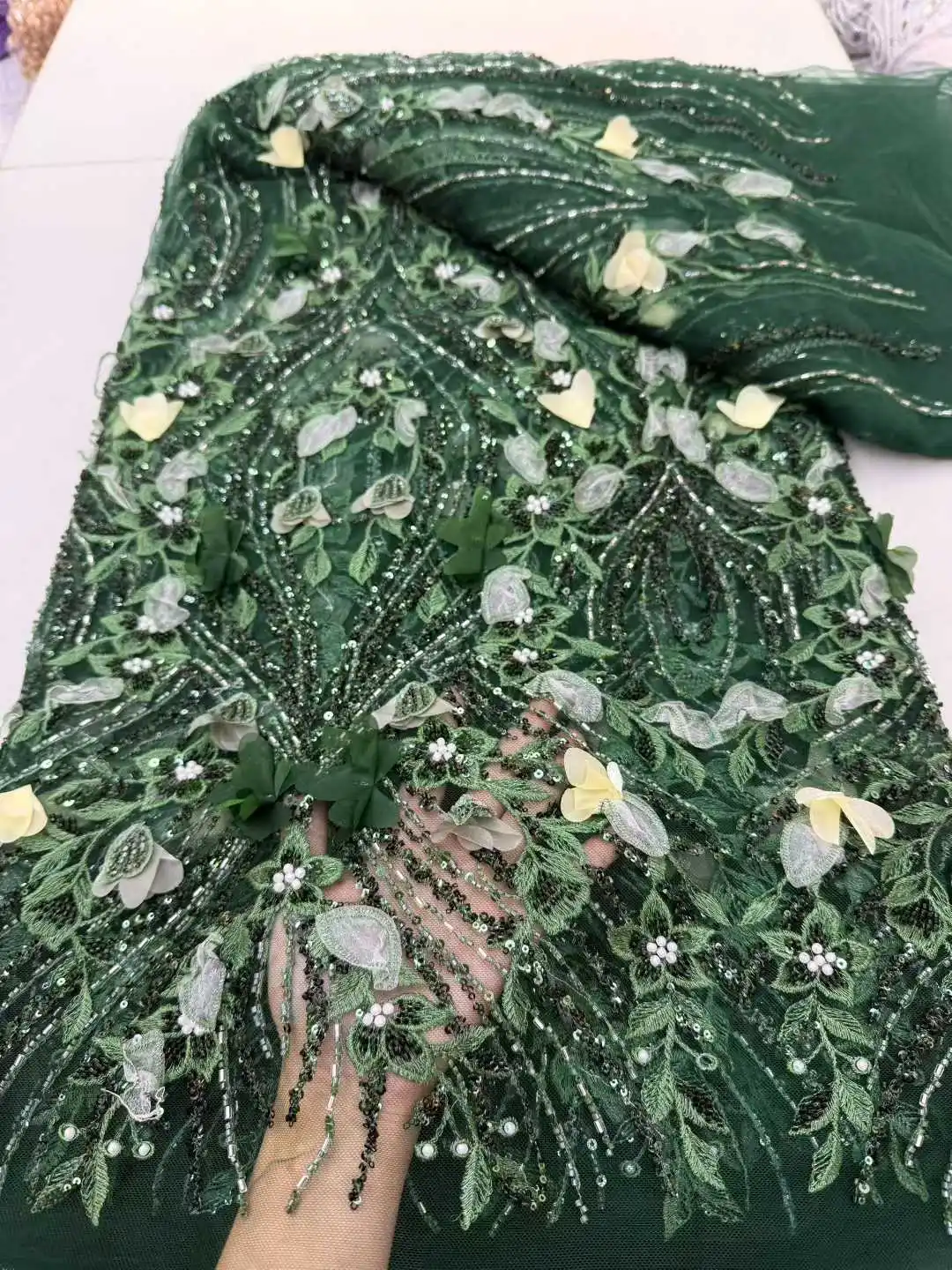 Tela de lentejuelas de encaje de malla africana, para coser, ropa, flores, tul, vestidos de novia, bordados, telas por metro, manualidades, 5 yardas