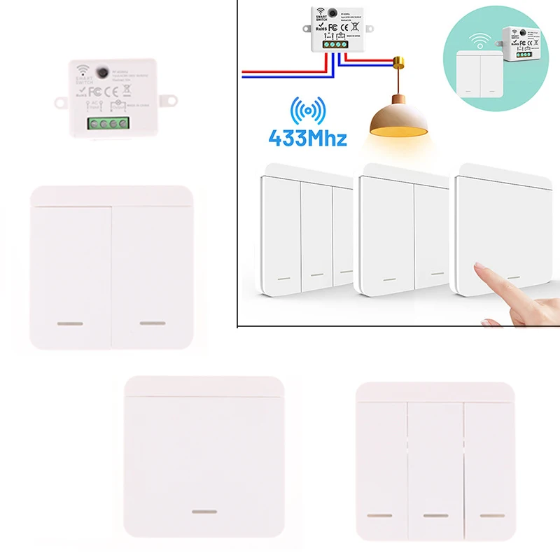 Wireless ON OFF 86 Wall Panel RF433 Module Remote Control Light Switch 1/2/3 Gang Wall Switch AC85-265V 10A Relay Receiver