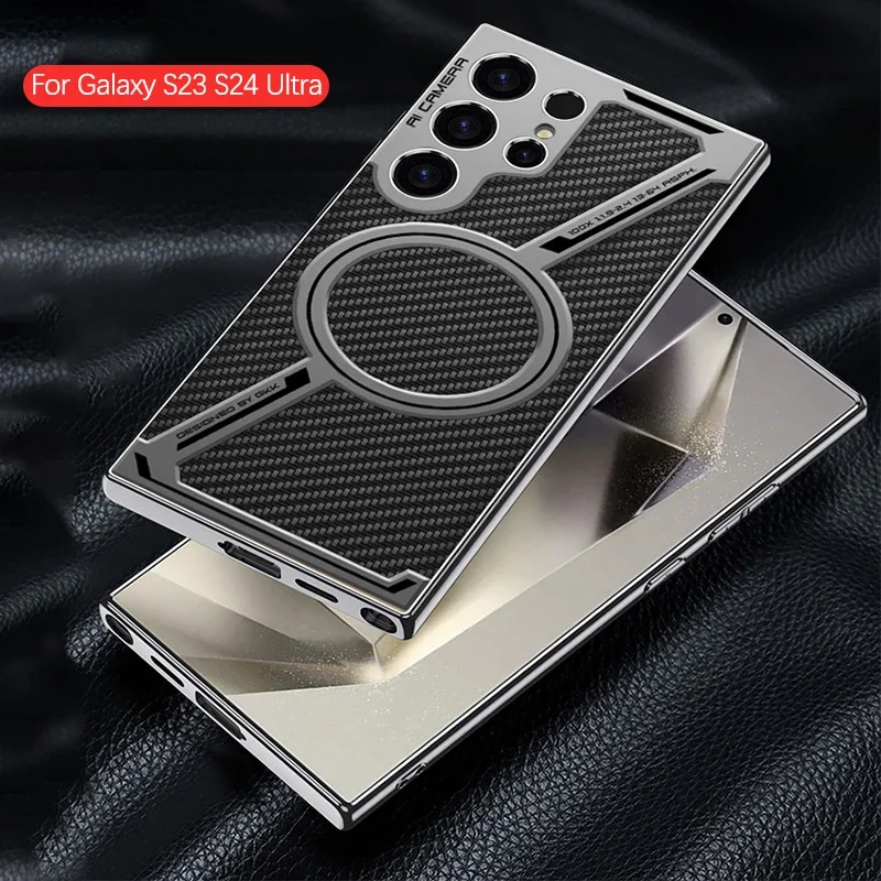 

For Samsung Galaxy S26 S25 S24 S23 Ultra Luxury Plating Leather Magsafe Phone Case Magnetic Wireless Charging Shockproof Cover