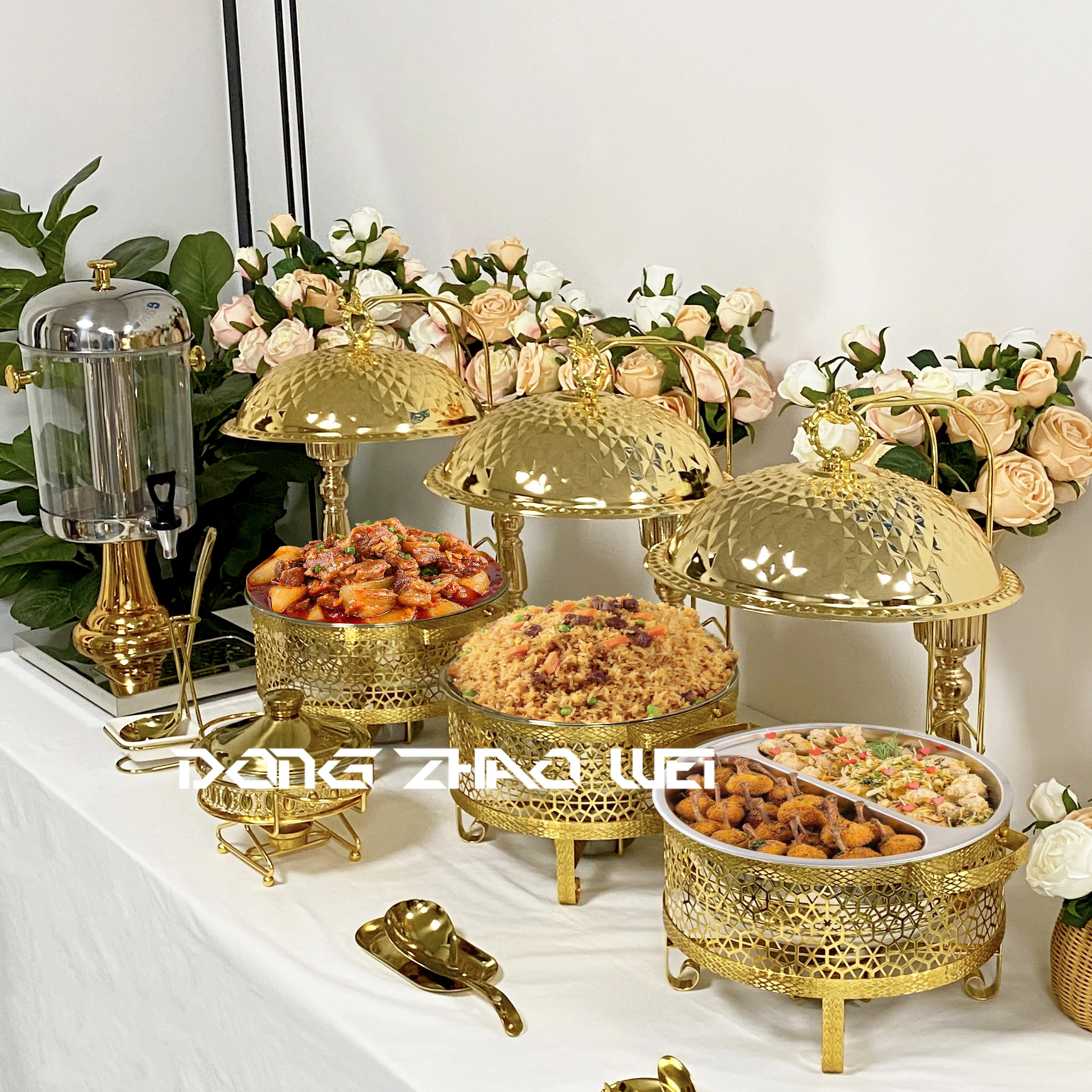 

4 упаковки, 4,5 л, тарелка с золотым четырьмя лепестками и бриллиантами, подвесное роскошное ресторанное оборудование, подогреватель для шведского стола из нержавеющей стали