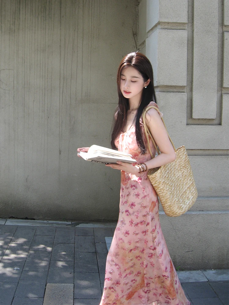 

Новое летнее женское платье Sweet Pink с цветочным принтом, без бретелек, с завышенной талией, длинное, во французском стиле, для отпуска