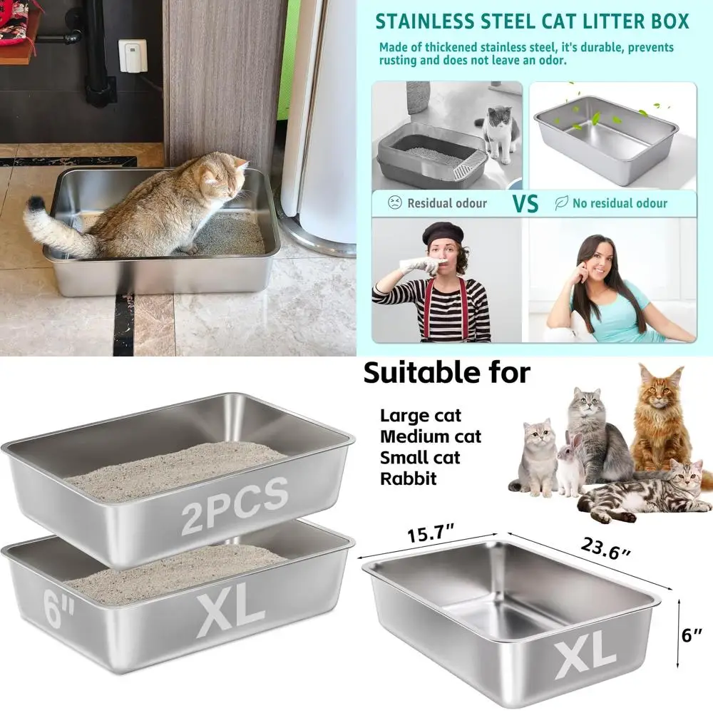 

Extra Large Metal Cat Litter Boxes for Large Cats, Easy Clean, High-Sided, Non-Stick, Odorless, 23.6x15.8x6