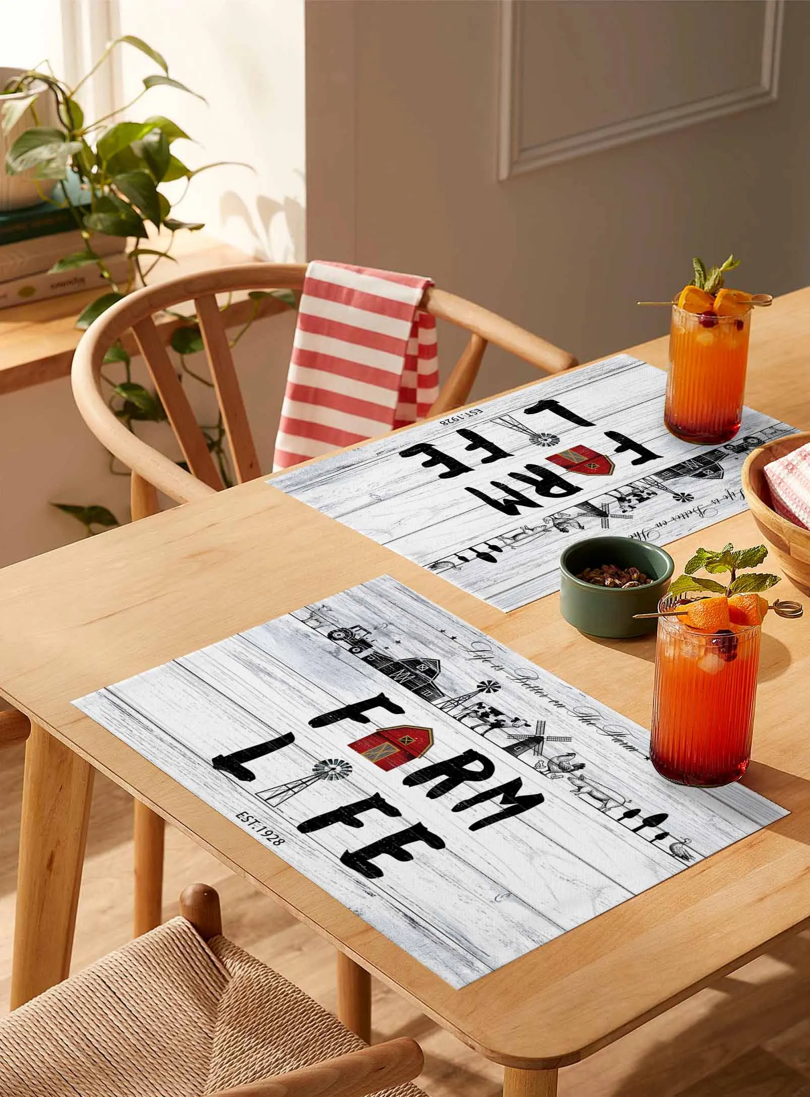 

4/6 Pcs Farmhouse Barn Windmill Tractor Placemat Wedding Party Dining Decor Linen Table Mat Kitchen Accessories