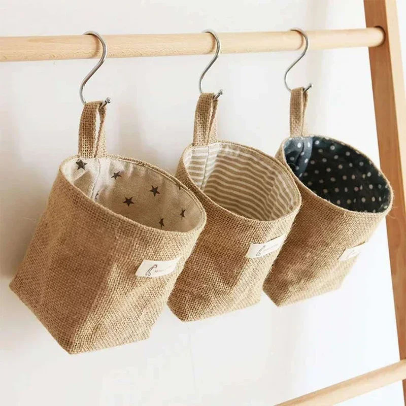 10x13cm Hanging Storage Basket Jute Cotton Linen Pocket Storage Box Small Sack Sundries storage basket baskets for organizing