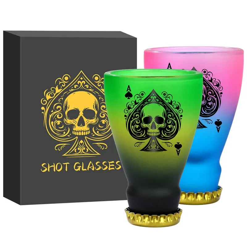 

2pcs/set 43ml Glass Shot Glasses Black Spade Skull Design Wine Whiskey Cocktail Shot Cup for Bar Party Wedding Halloween Gift