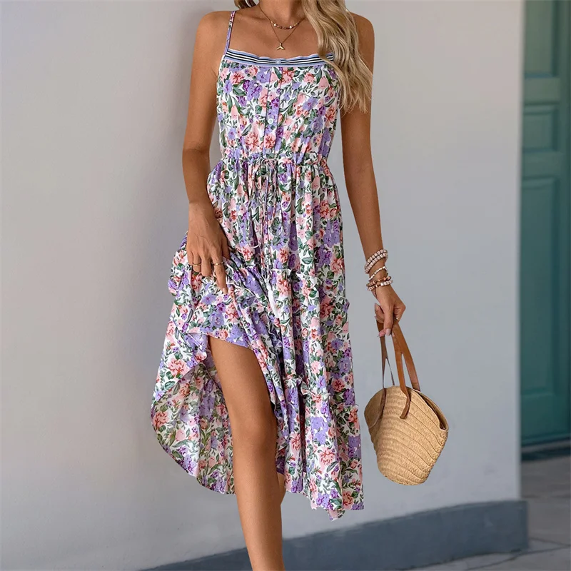 Dourbesty femmes cordon avant longue robe Maxi sans manches Spaghetti sangle imprimé fleuri robe ample robe de vacances Vestido 2025