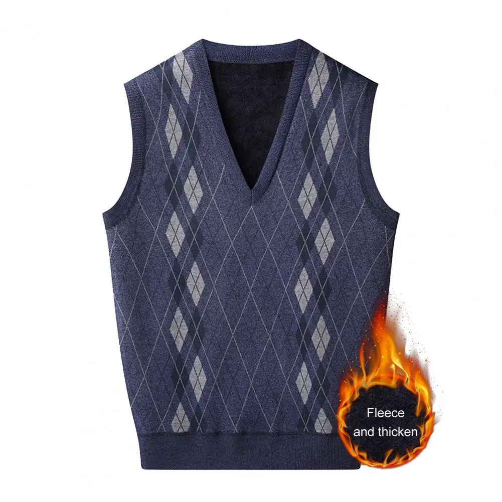 Thickened Plush Lining Waistcoat Men's V-neck Sleeveless Knitting Vest with Plush Lining Rhombus Line Patterns Winter for Warmth