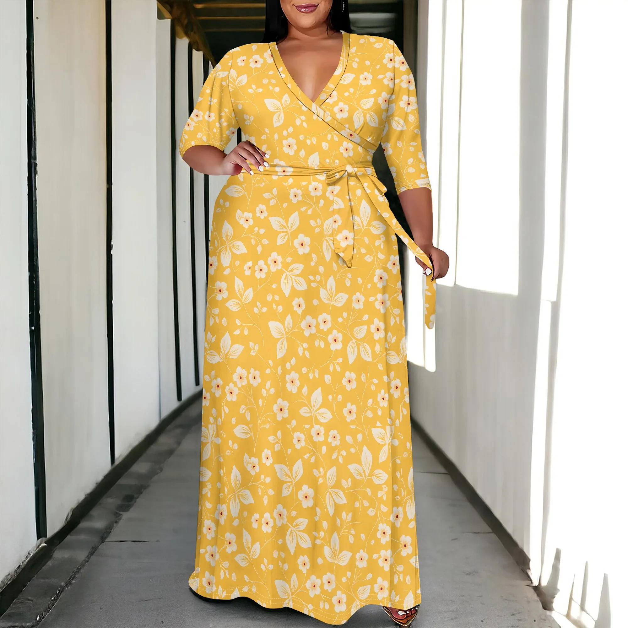 

Plus Size Dress for Women - 3/4 Sleeve V Neck Printing Maxi Dresses for Women
