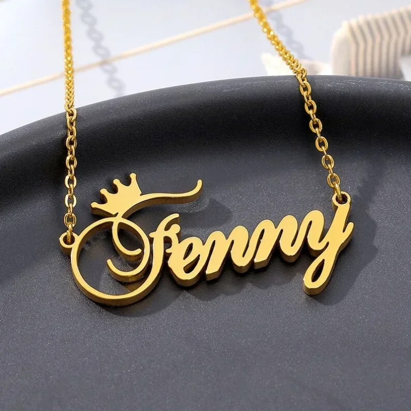 Custom Name Necklace for Women Personalised Crown Cursive Font Gold Stainless Steel Letter Pendant Choker Jewelry Christmas Gift