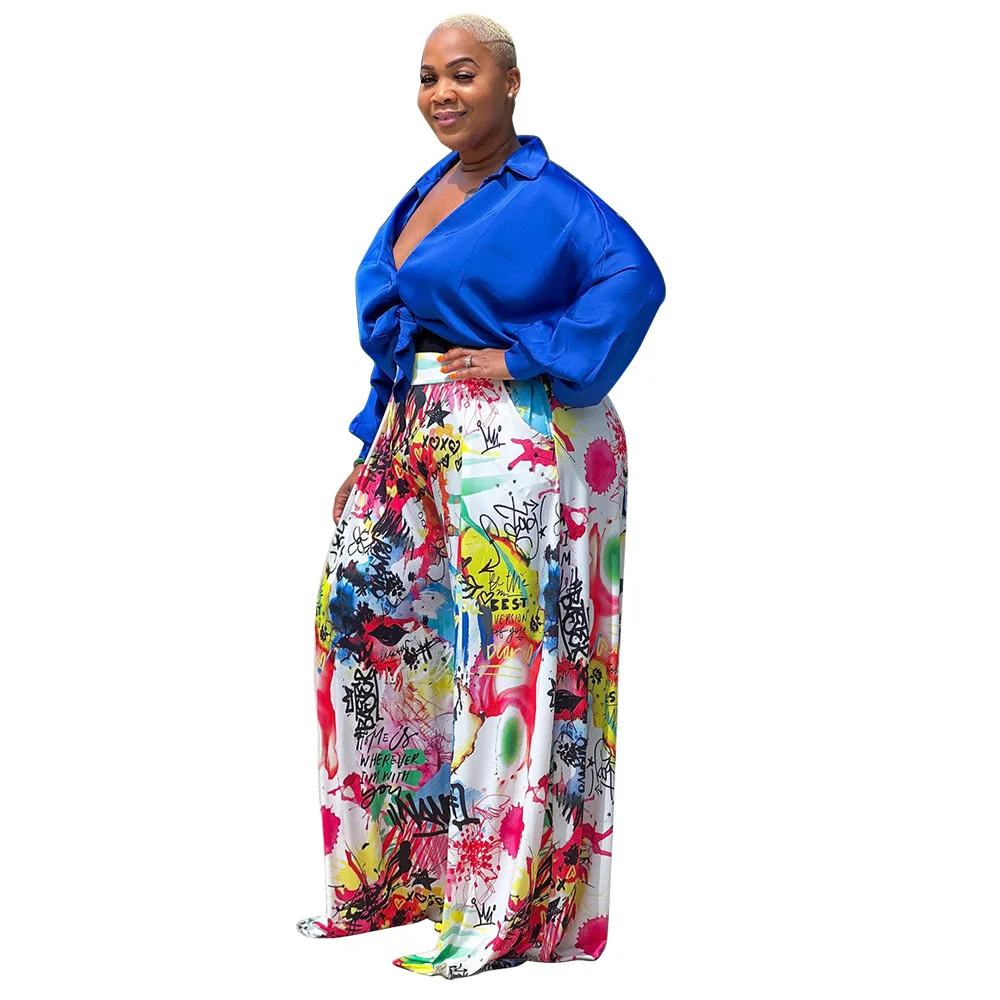 L-4XL  Plus Size Two Piece Sets Fall Outfits Women Clothing Fashion Long Sleeve Top and Wide Leg Pants Female Suits Dropshipping