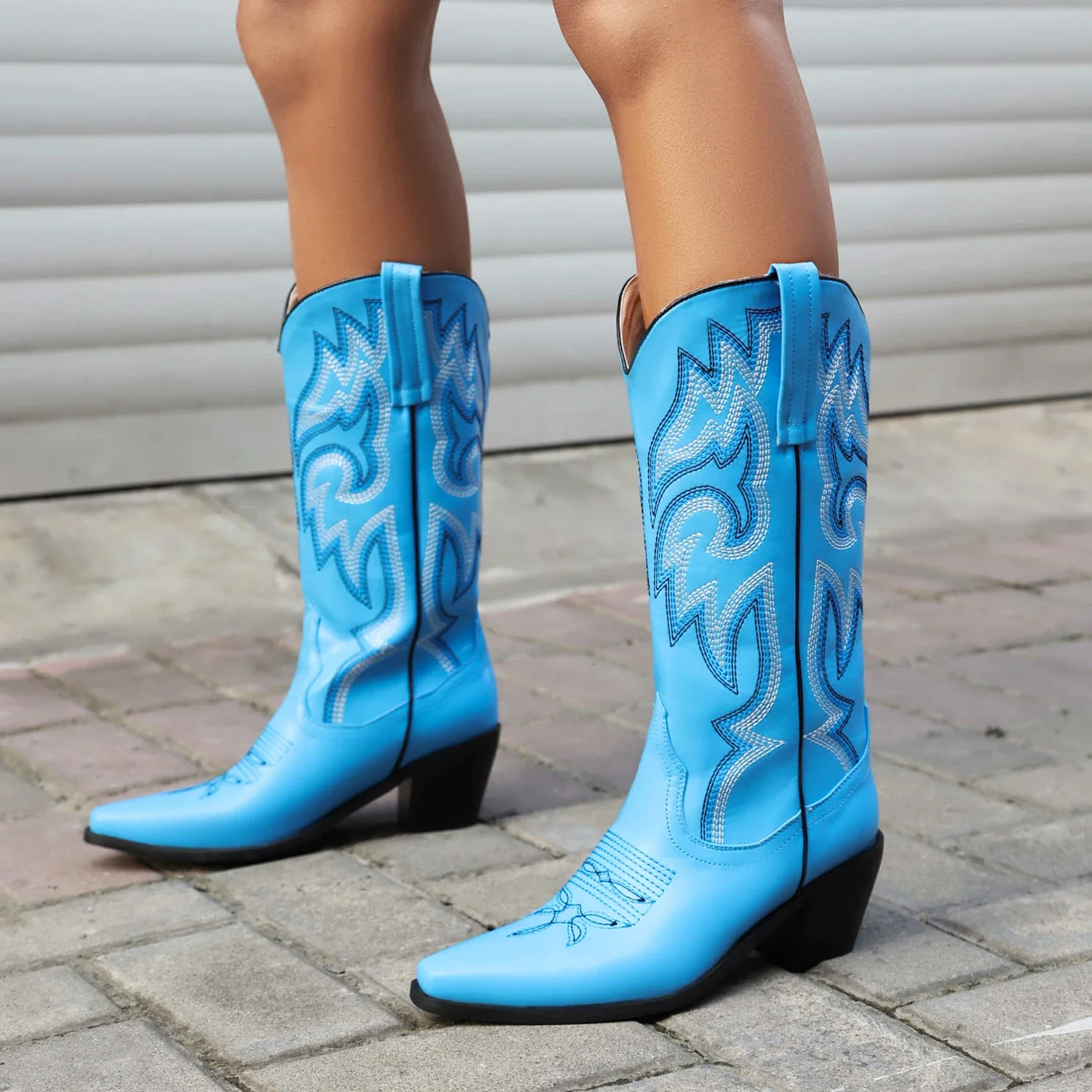 Kobiety Western Cowboy Mid-calf Boots Blue Pink Purple Party Dress Lady Retro Winter Square Toe High Block Heel Cowgirl Half Boots