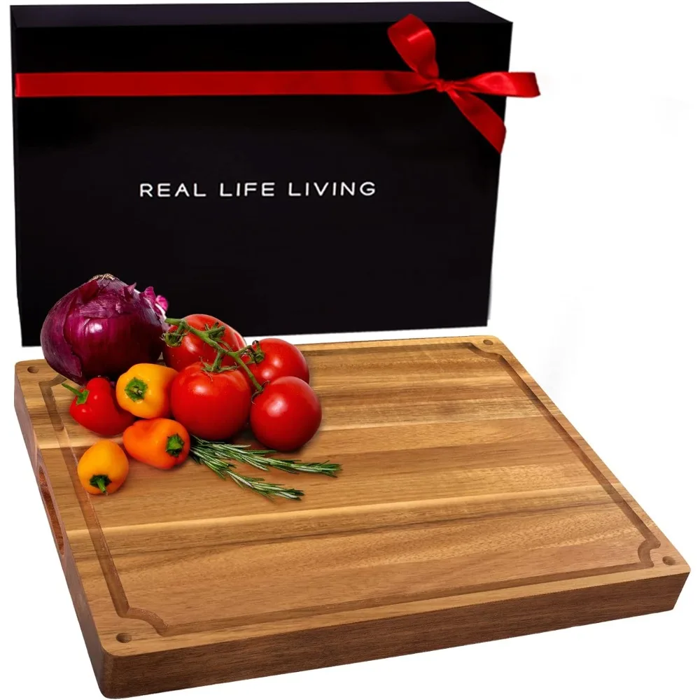 

Premium Large Acacia Wood Cutting Board for Kitchen. 1.5in Extra Thick Chopping Board with Juice Groove. Non slip Reversible